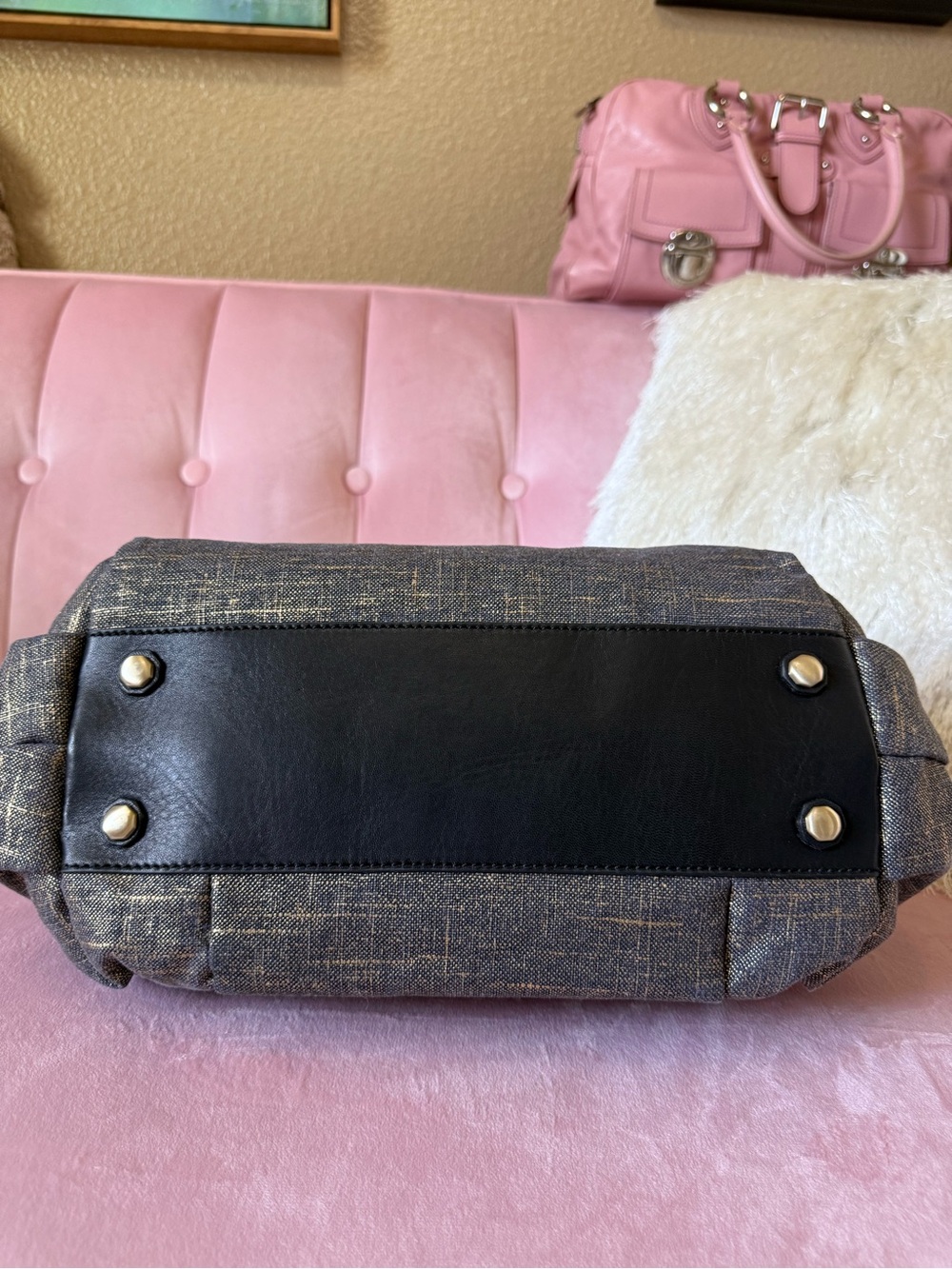 Halston Heritage Brushed Denim/Gold Doctors Bag w Leather Trim & Gold Hardware - Picture 9 of 16